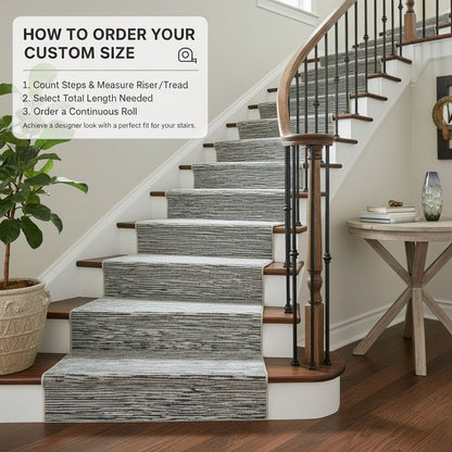 Custom size stair runner rug in modern striped fogstone and pewter by Well Woven, shown installed on a wood staircase with a continuous-roll design and ordering instructions.