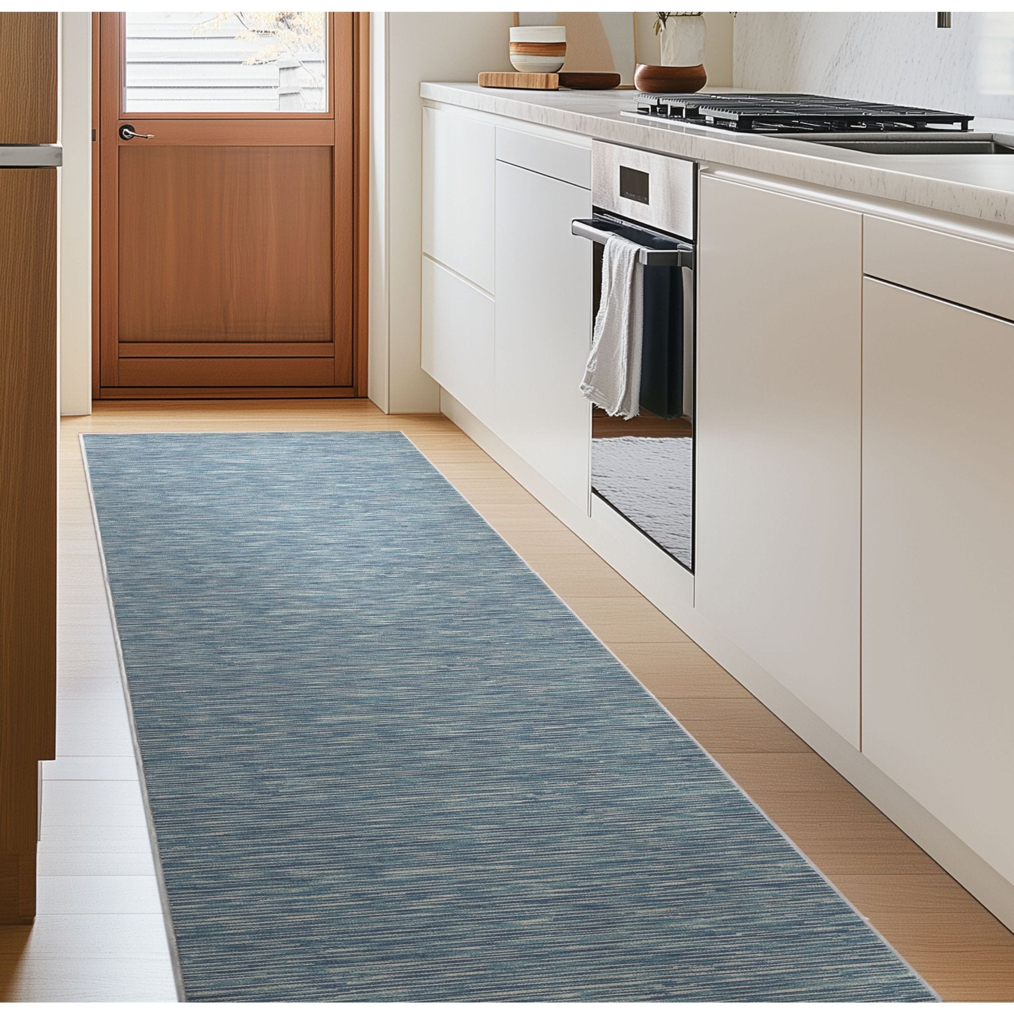 Custom Size Runner Striations Modern Striped Blue Fog Choose Your Width x Choose Your Length Hallway Runner Rug Well Woven