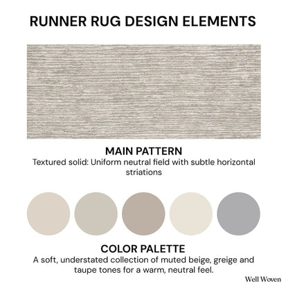 Design elements for the Well Woven Sandstone Elegance modern striped custom runner rug, highlighting the uniform neutral striations pattern and warm beige-greige-taupe color palette.
