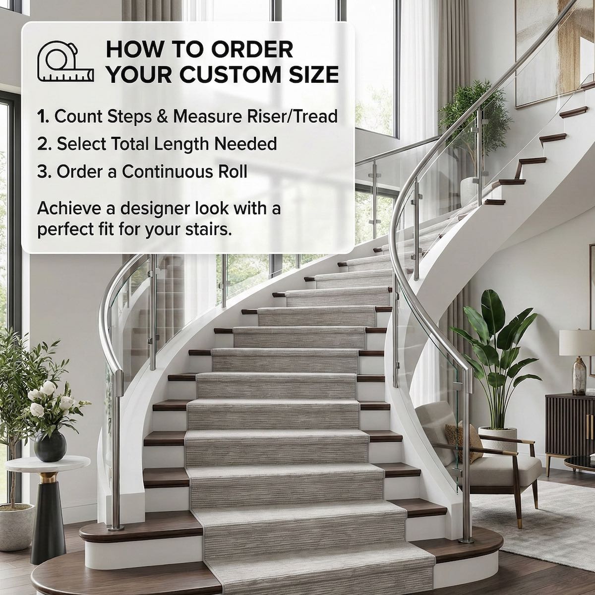 Well Woven Sandstone Elegance Striations stair runner rug installed on a contemporary curved staircase with glass panels, alongside steps for ordering a custom continuous roll.