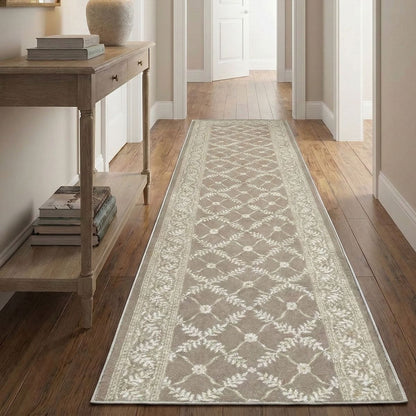 Well Woven Custom Size Regency Lattice Desert Drift runner rug featuring a timeless lattice design, styled in a hallway.