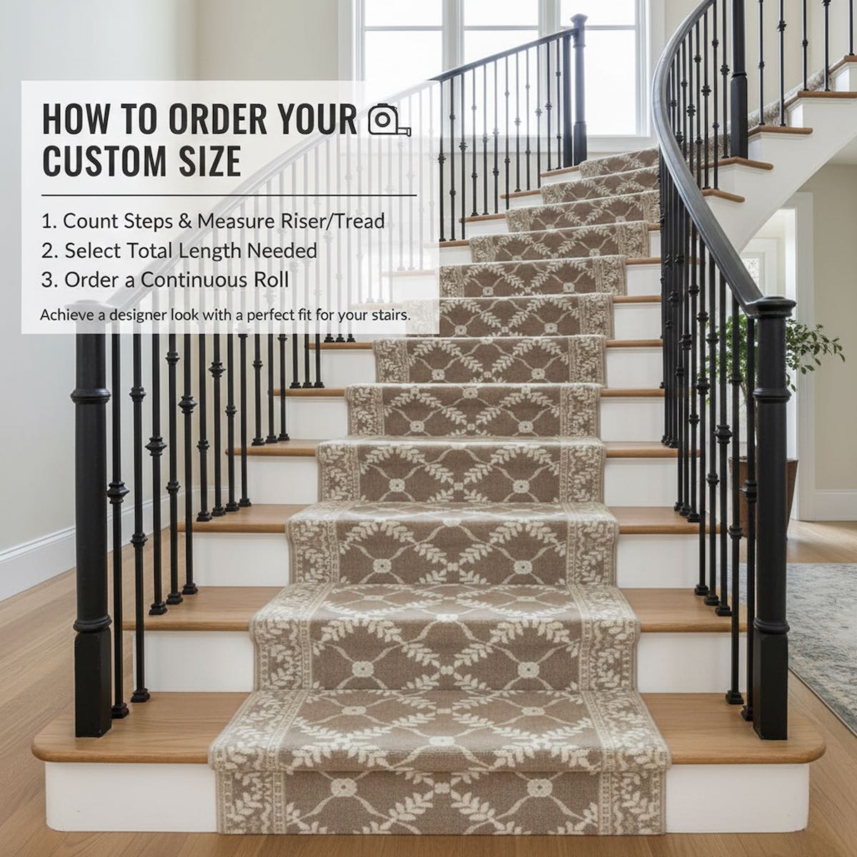 Custom Size Regency Lattice Desert Drift patterned stair runner by Well Woven, featuring a tan lattice design on a curved staircase with black iron spindles and a continuous-roll ordering guide.