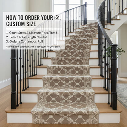 Custom Size Regency Lattice Desert Drift patterned stair runner by Well Woven, featuring a tan lattice design on a curved staircase with black iron spindles and a continuous-roll ordering guide.