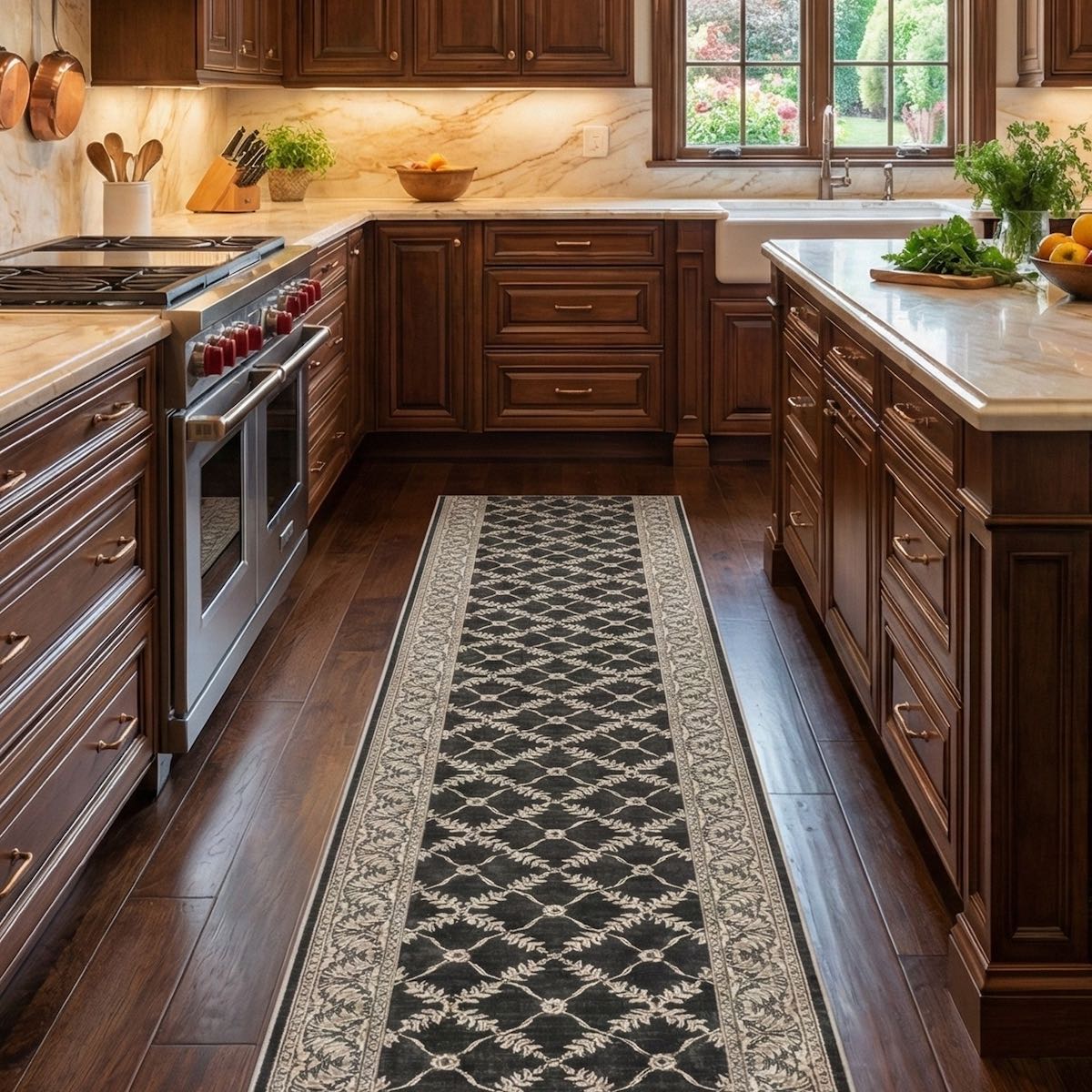 Custom Size Regency Lattice Midnight Ash hallway runner rug by Well Woven, featuring a detailed black lattice design, placed in a luxury kitchen with dark wood cabinets and marble finishes.