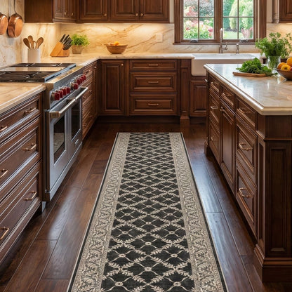 Custom Size Regency Lattice Midnight Ash hallway runner rug by Well Woven, featuring a detailed black lattice design, placed in a luxury kitchen with dark wood cabinets and marble finishes.
