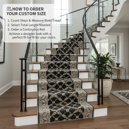 Well Woven Regency Lattice Midnight Ash Custom Stair Runner rug displayed on a contemporary staircase with wood treads and glass panels, alongside steps for ordering a custom-length roll.