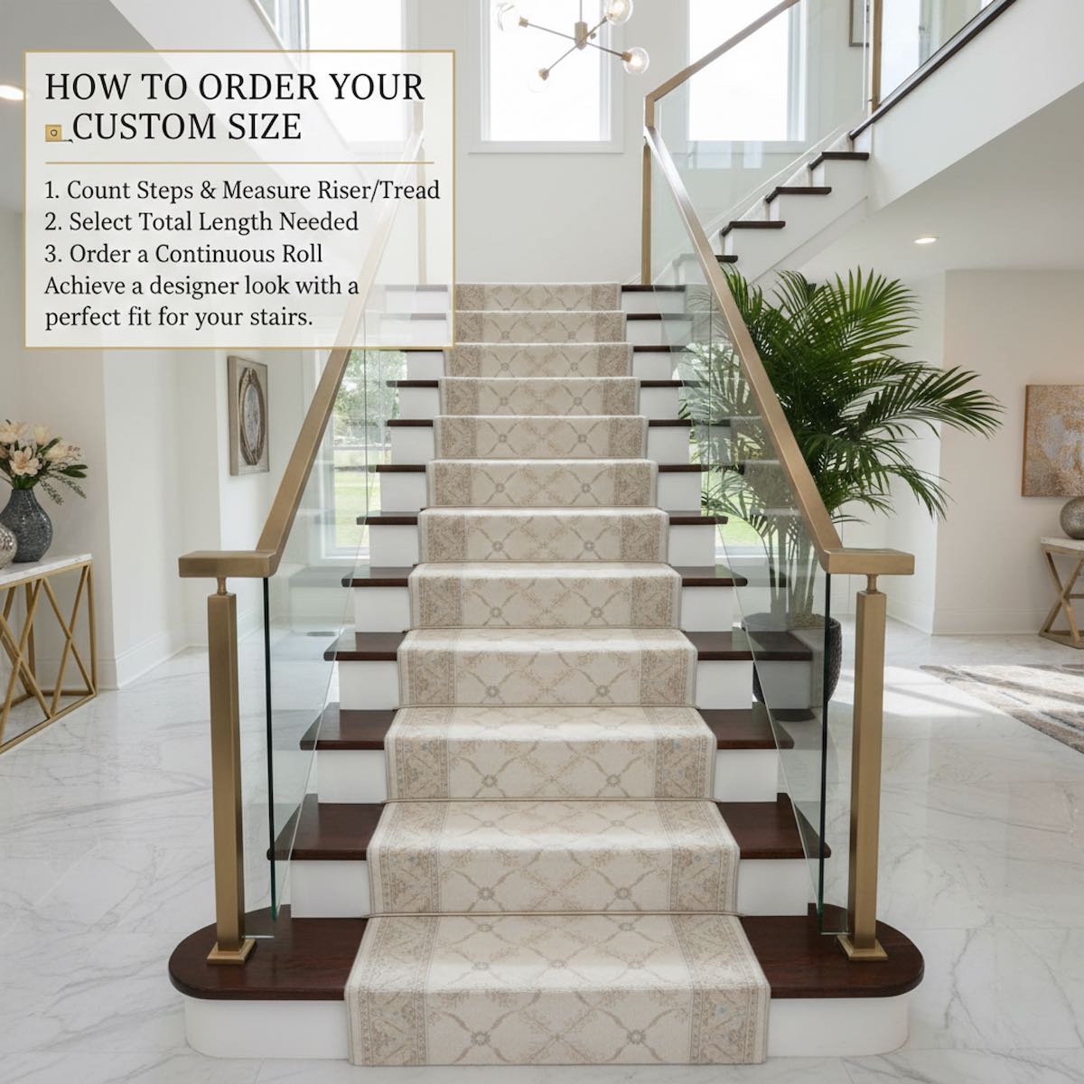 Custom Size Regency Lattice Pearly Haven patterned stair runner by Well Woven, featuring an elegant ivory lattice design on a contemporary staircase with glass and gold railings and a continuous-roll ordering guide.”
