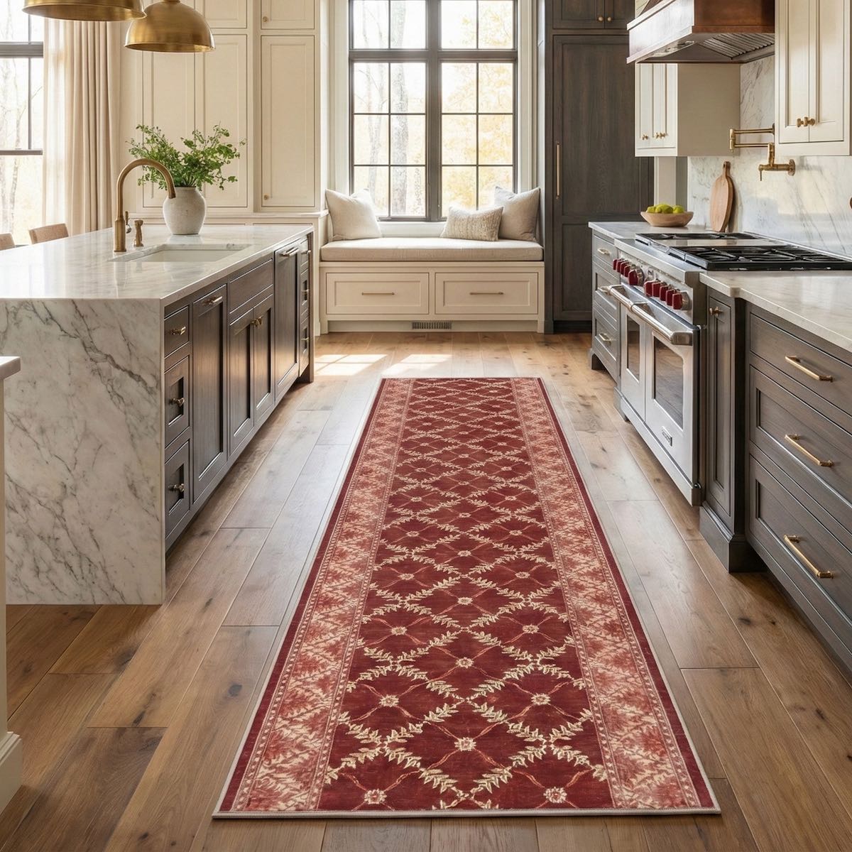 Red patterned kitchen runner rug on light wood floor in a modern kitchen with white cabinets and marble island. The red runner is Apollo Regency Lattice Ruby Ember from Well Woven.