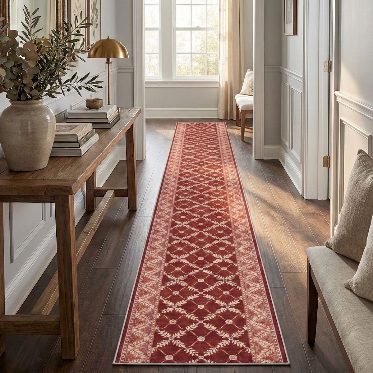 Red patterned hallway runner rug on wood floor in a bright entryway with neutral decor. The red runner is Apollo Regency Lattice Ruby Ember from Well Woven.