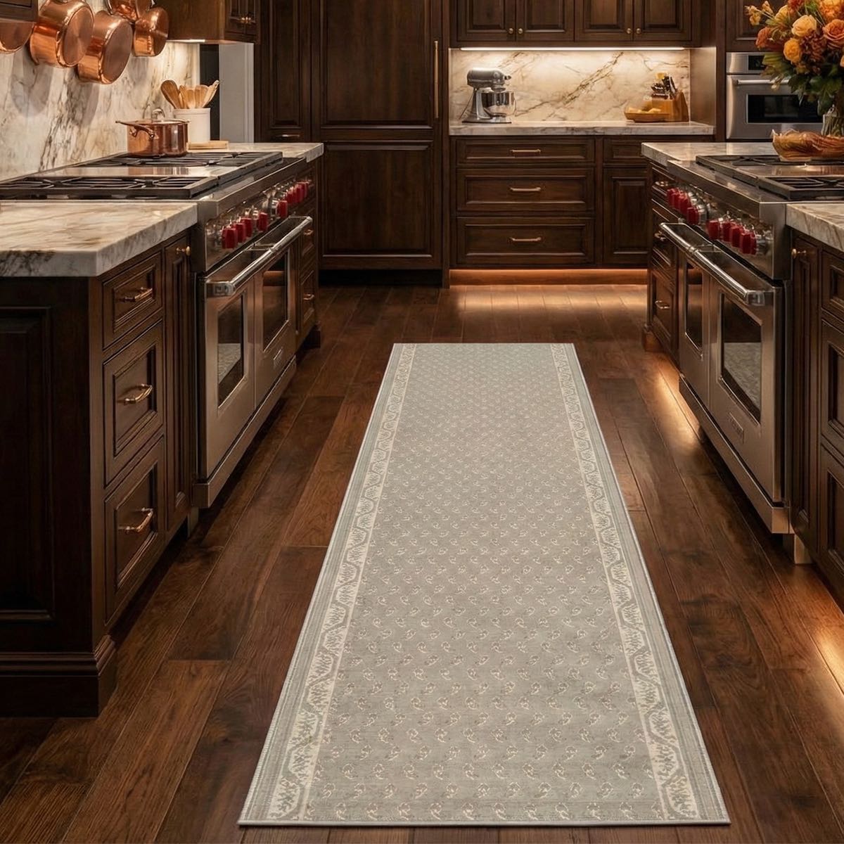 Light gray patterned kitchen runner rug on dark wood floor in a modern kitchen. The runner is Apollo Windsor Desert Drift from Well Woven.