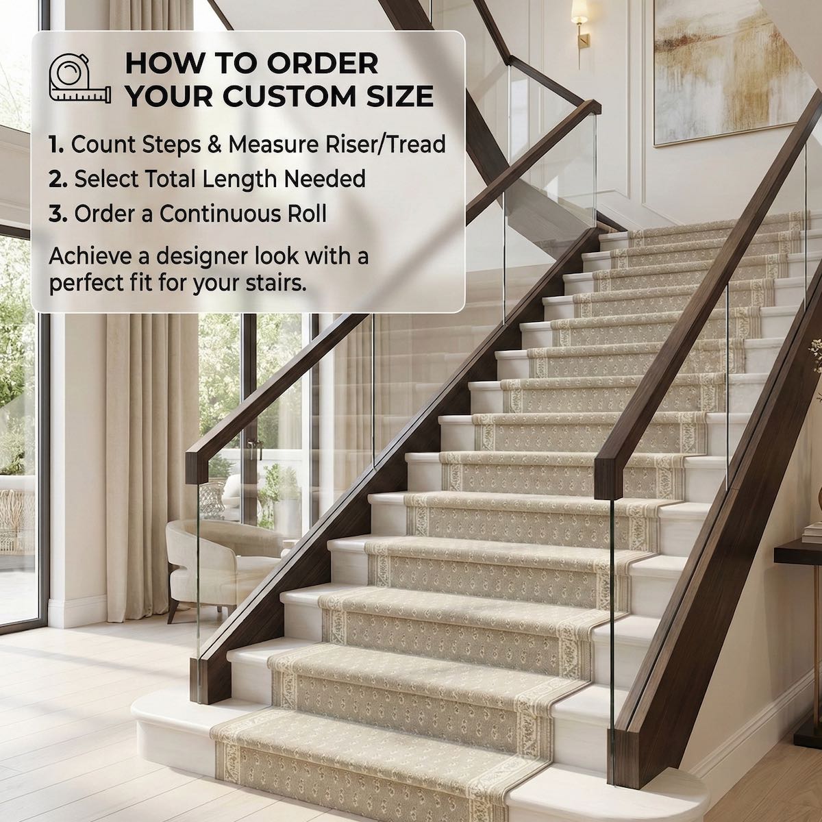 Light beige patterned stair runner rug on modern staircase with white steps and glass railing. The runner is Apollo Windsor Desert Drift from Well Woven.