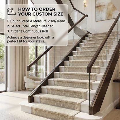 Light beige patterned stair runner rug on modern staircase with white steps and glass railing. The runner is Apollo Windsor Desert Drift from Well Woven.