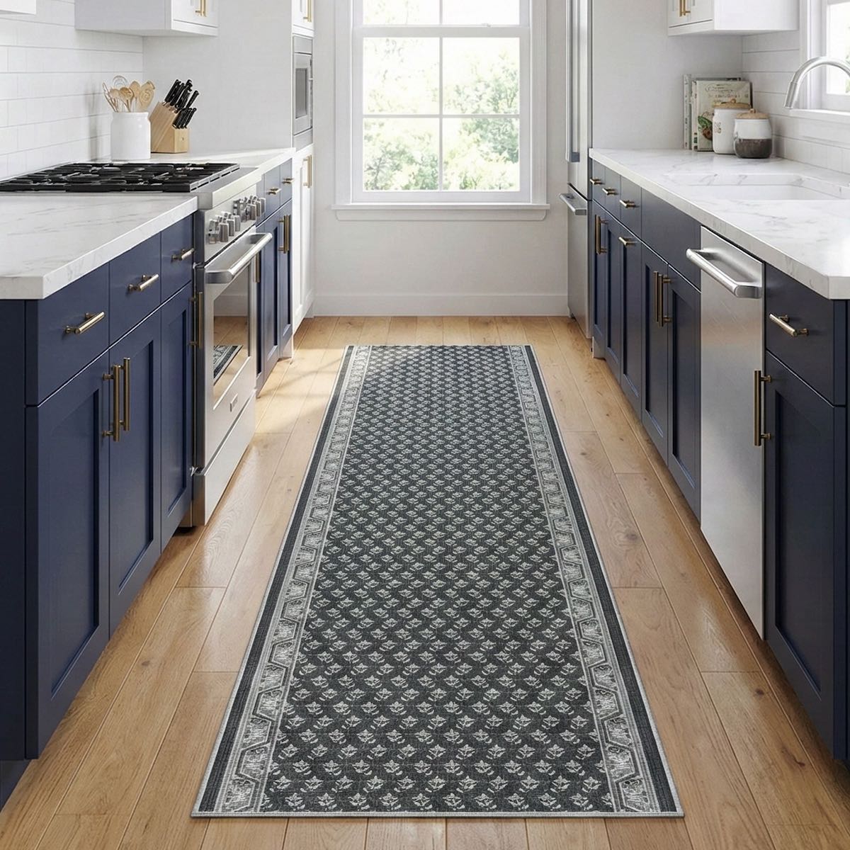 Charcoal patterned kitchen runner rug on wood floor in a modern kitchen. The runner is Apollo Windsor Midnight Ash from Well Woven.