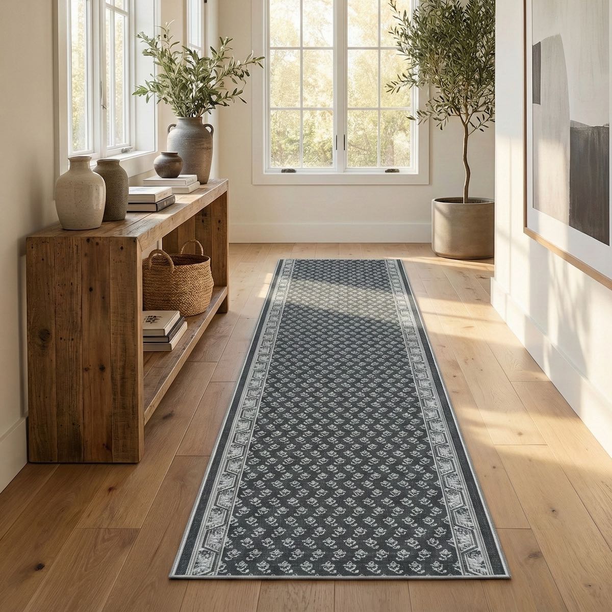 Charcoal patterned hallway runner rug on light wood floor in a bright, neutral entryway. The runner is Apollo Windsor Midnight Ash from Well Woven