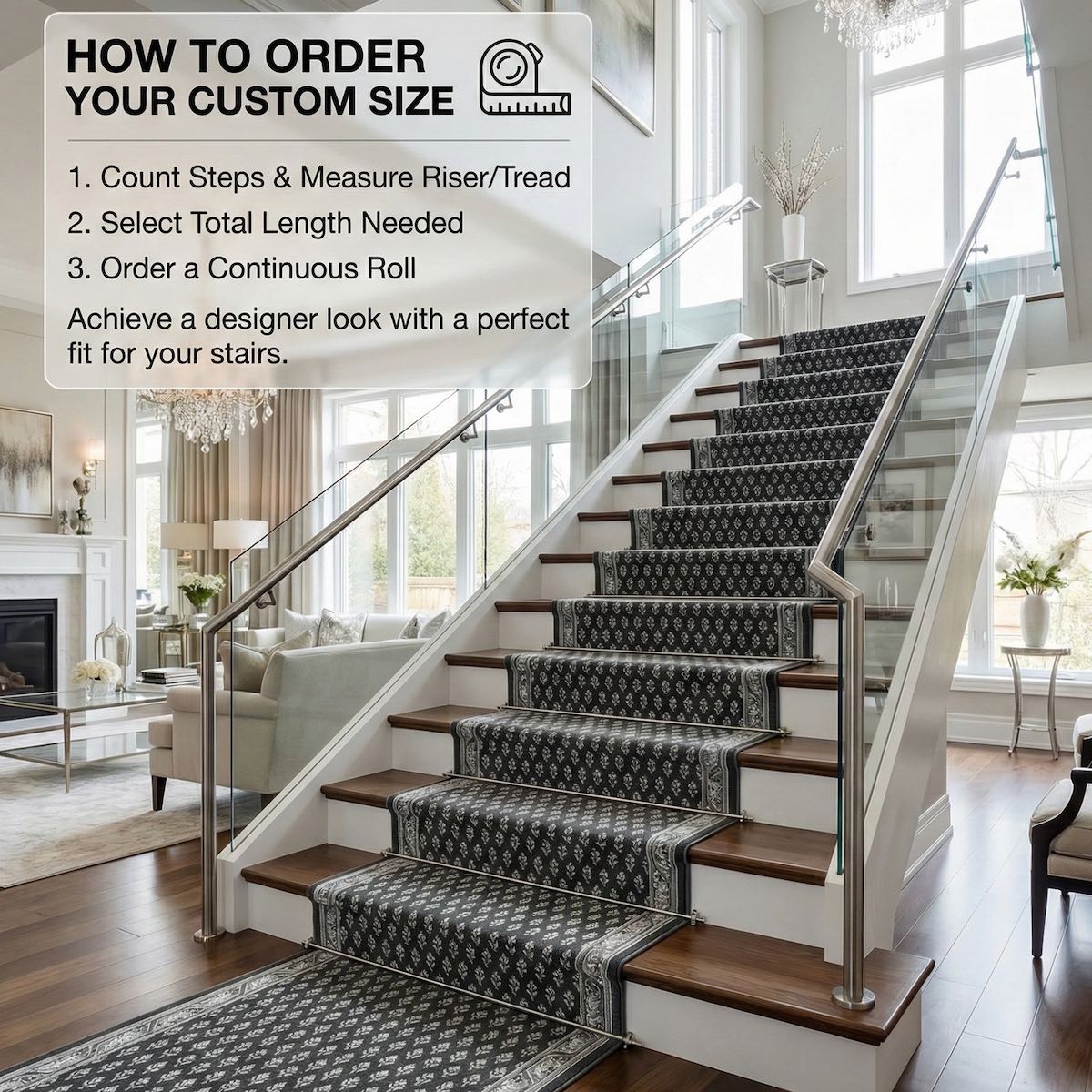 Charcoal patterned stair runner rug on modern staircase with wood treads and glass railing. The runner is Apollo Windsor Midnight Ash from Well Woven.