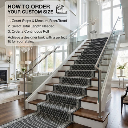 Charcoal patterned stair runner rug on modern staircase with wood treads and glass railing. The runner is Apollo Windsor Midnight Ash from Well Woven.