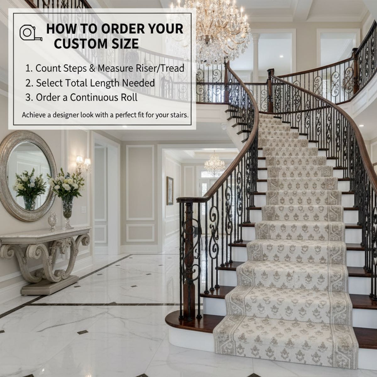 Off-white patterned stair runner rug on curved staircase with wrought iron railing. The white runner is Apollo Windsor Windsor Frosted Linen from Well Woven.