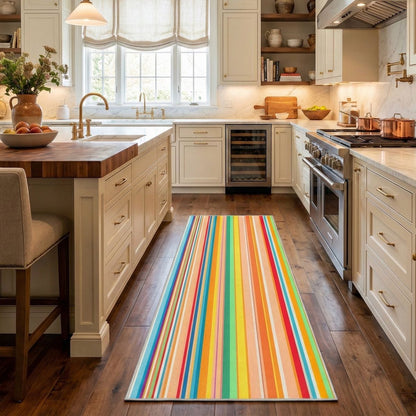 Multicolor striped kitchen runner rug on wood floor in a bright, modern kitchen. The multi color runner is Apollo Seabreeze Lines Multi from Well Woven.