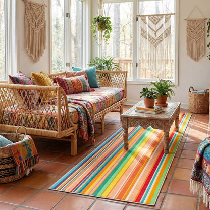 Multicolor striped hallway runner rug on tile floor in a bright bohemian living space. The multi color runner is Apollo Seabreeze Lines Multi from Well Woven.