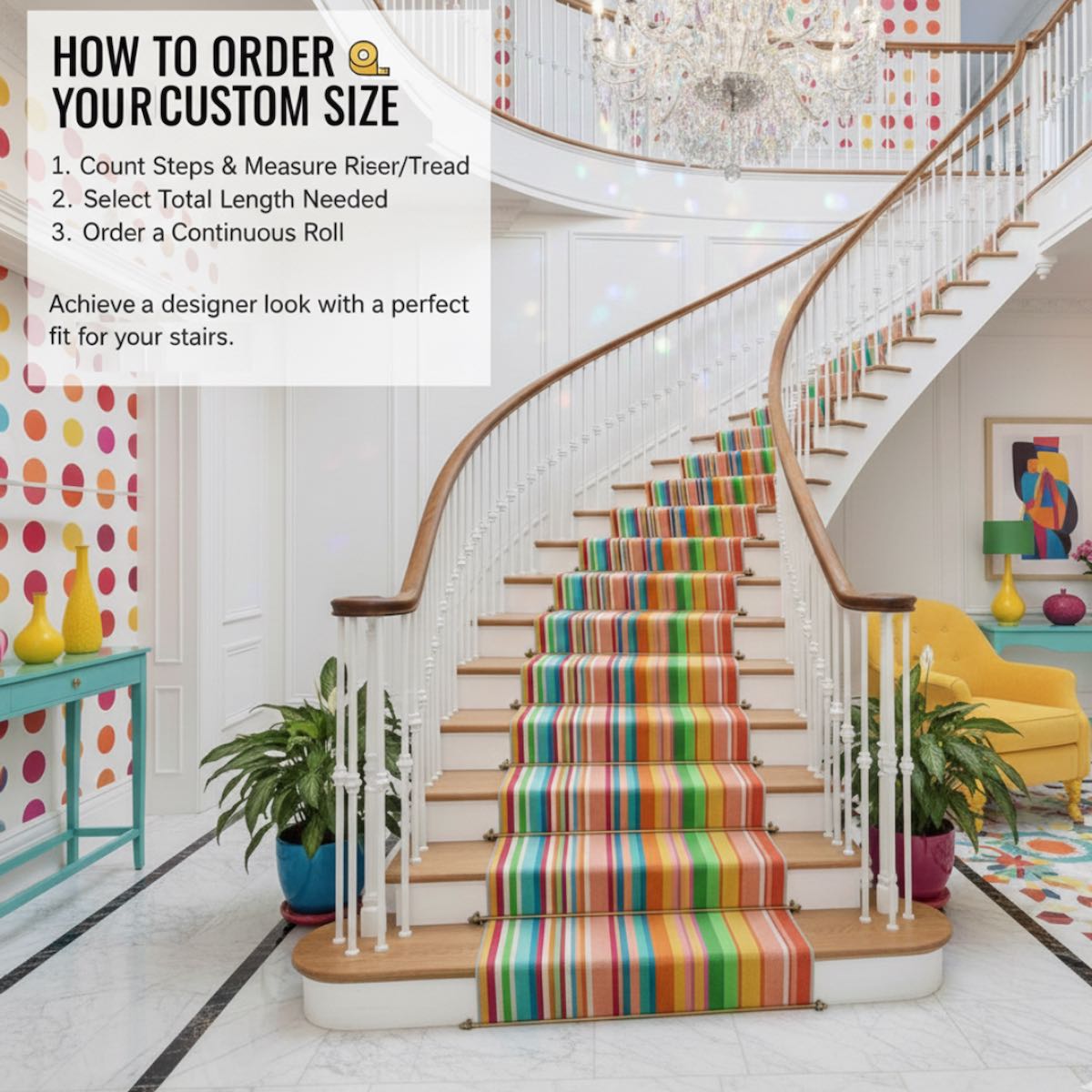 Multicolor striped stair runner rug on curved staircase with white railing. The multi color runner is Apollo Seabreeze Lines Multi from Well Woven.