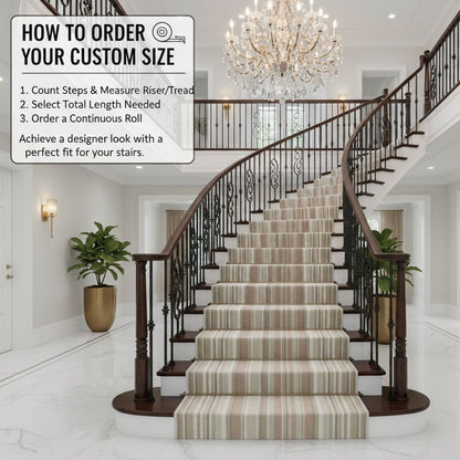 Neutral striped stair runner rug on curved staircase with wrought iron railing. The multi color runner is Apollo Seabreeze Lines Moonlit Ivory from Well Woven.