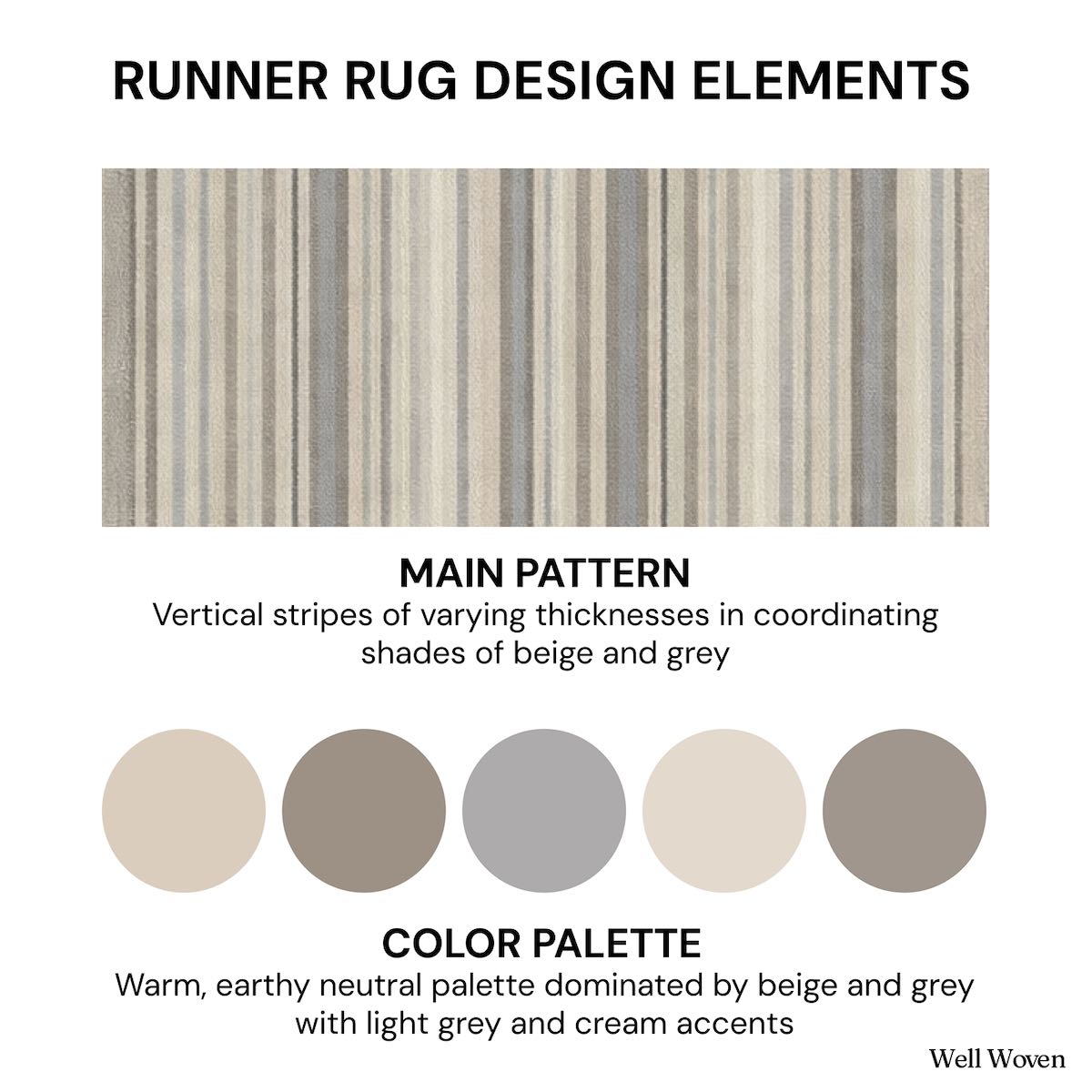 Neutral striped runner rug pattern in beige and grey vertical stripes. The multi color runner is Apollo Seabreeze Lines Cocoa Ridge from Well Woven.
