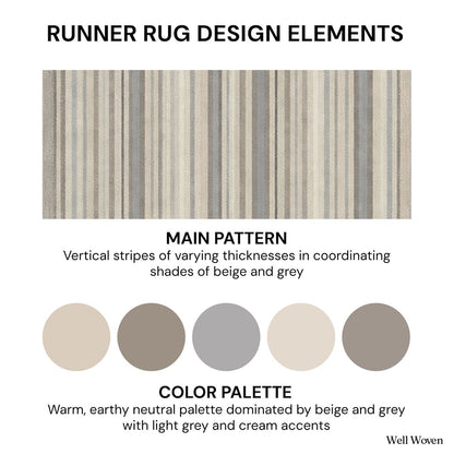 Neutral striped runner rug pattern in beige and grey vertical stripes. The multi color runner is Apollo Seabreeze Lines Cocoa Ridge from Well Woven.