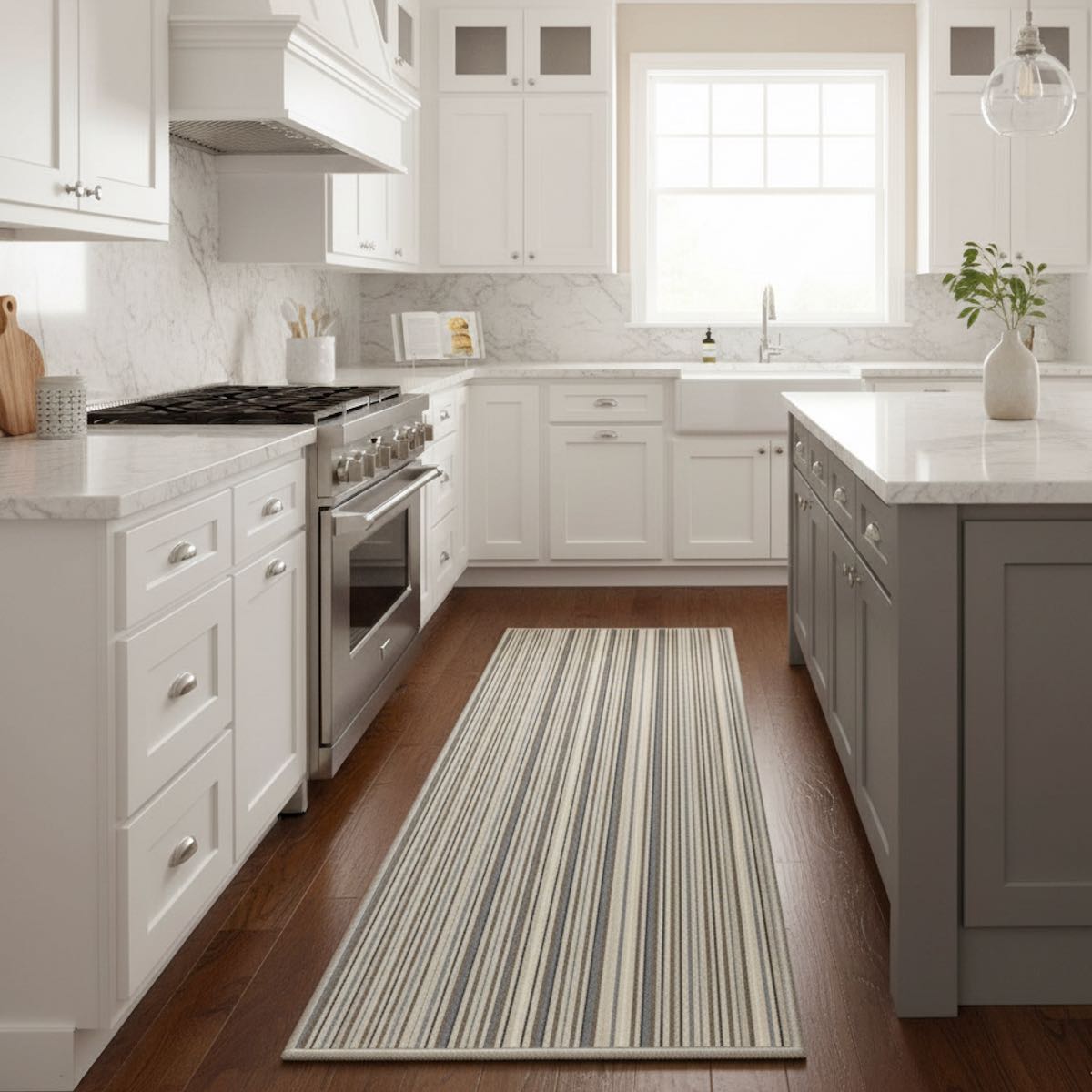 Beige and grey striped kitchen runner rug in bright modern kitchen. The multi color runner is Apollo Seabreeze Lines Cocoa Ridge from Well Woven.