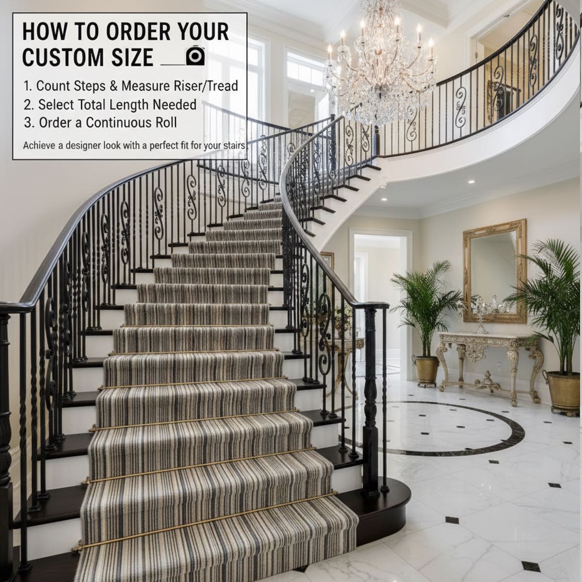Neutral striped stair runner rug installed on curved staircase, custom size carpet runner. The multi color runner is Apollo Seabreeze Lines Cocoa Ridge from Well Woven.
