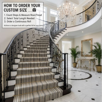 Neutral striped stair runner rug installed on curved staircase, custom size carpet runner. The multi color runner is Apollo Seabreeze Lines Cocoa Ridge from Well Woven.