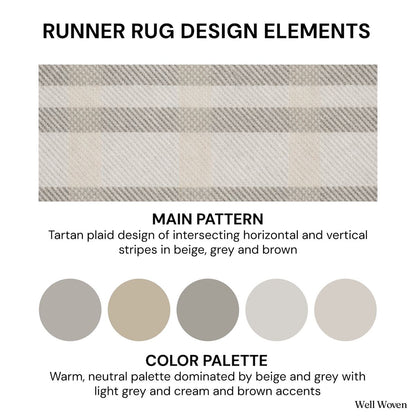 Beige, grey, and brown color palette for neutral plaid runner rug. The multi color runner is Apollo Tartan Plaid Espresso Glow from Well Woven.
