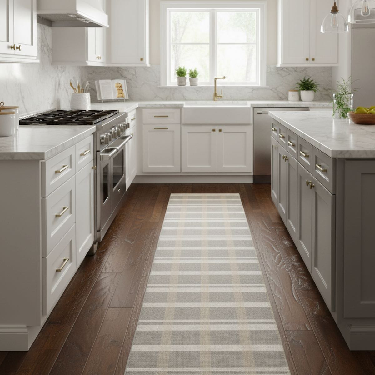 Neutral plaid kitchen runner rug in modern white kitchen. The multi color runner is Apollo Tartan Plaid Espresso Glow from Well Woven.