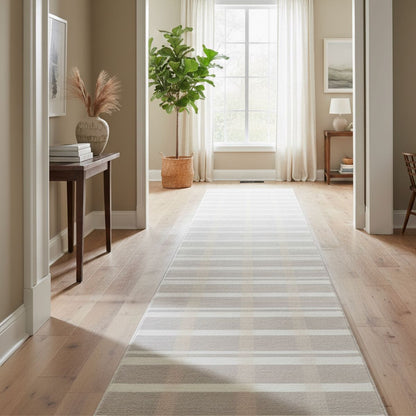 Beige and grey plaid runner rug in bright hallway with neutral decor. The multi color runner is Apollo Tartan Plaid Espresso Glow from Well Woven.