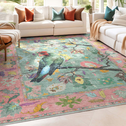 Apollo Botanical Birds Ushak Tropical Green Multi Color Rug Perfect for Living Room, Dining Room, Bedroom and Kitchen Well Woven