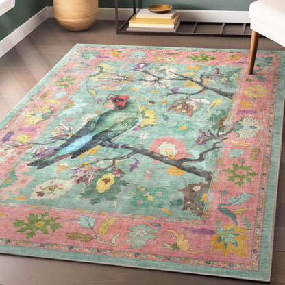 Apollo Botanical Birds Ushak Tropical Green Multi Color Rug Perfect for Living Room, Dining Room, Bedroom and Kitchen Well Woven