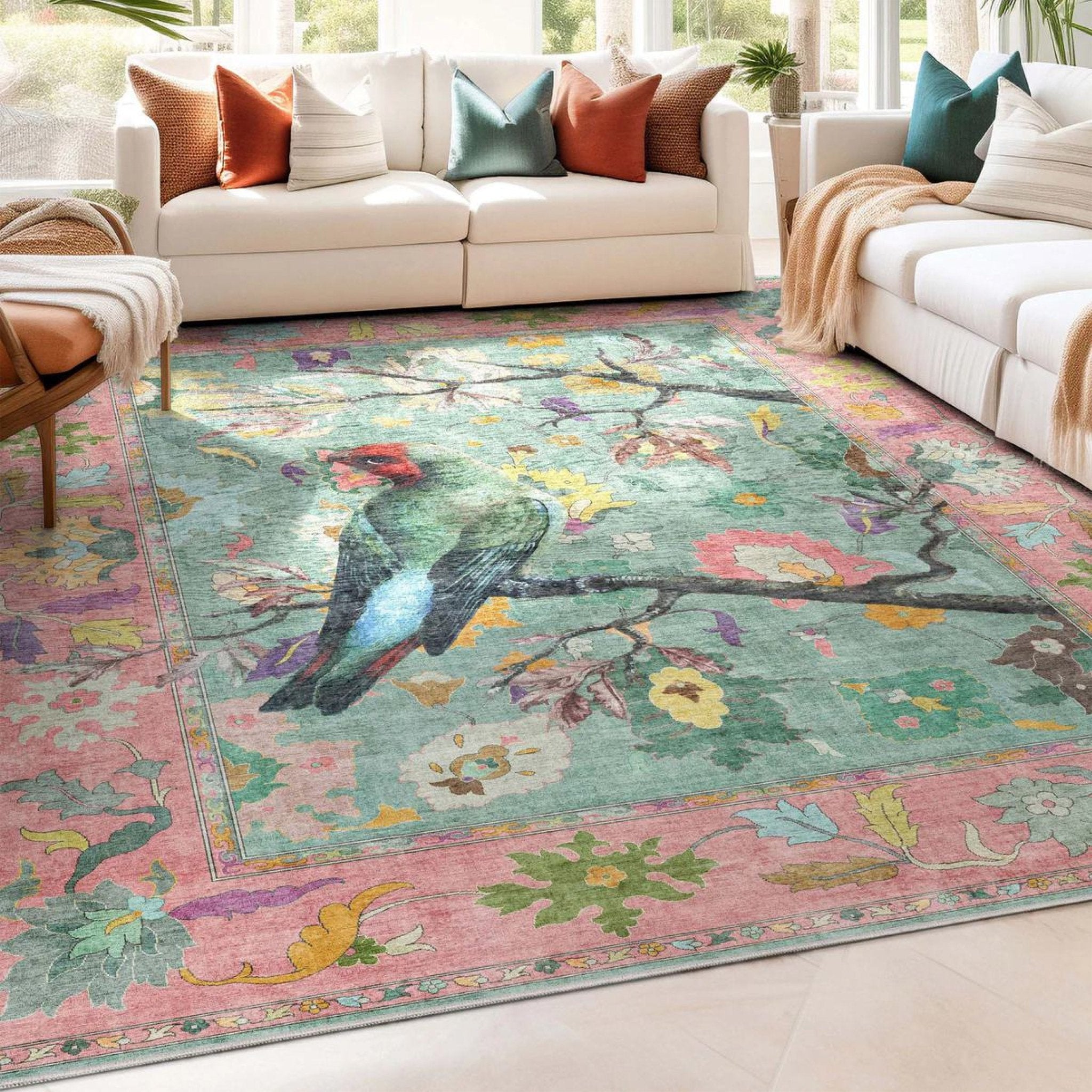 Apollo Botanical Birds Ushak Tropical Green Multi Color Rug Perfect for Living Room, Dining Room, Bedroom and Kitchen Well Woven