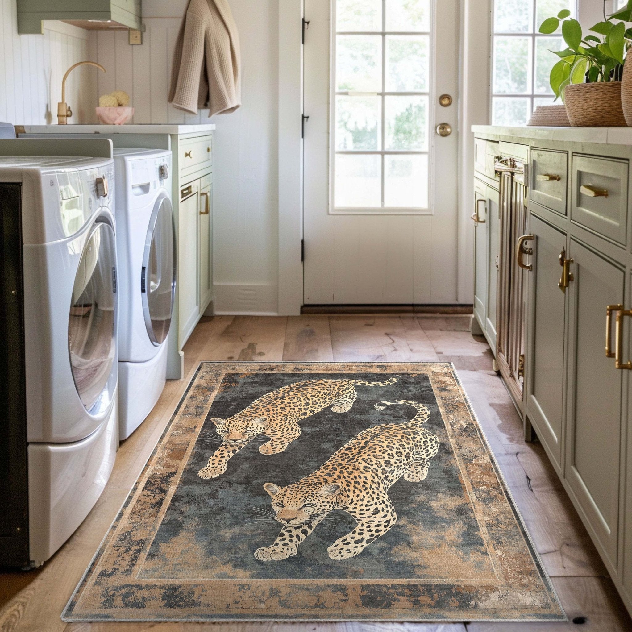 The Leopard’s Reverie Charcoal & Natural Rug in a laundry room