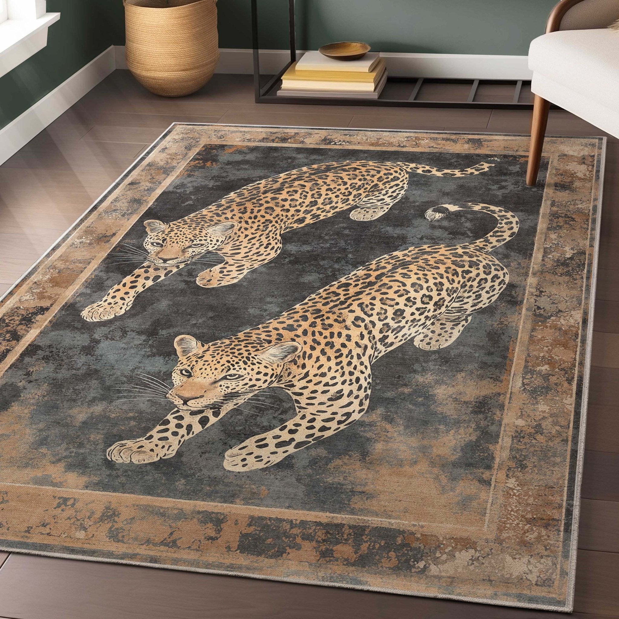The Leopard’s Reverie Charcoal & Natural Rug in a seating area