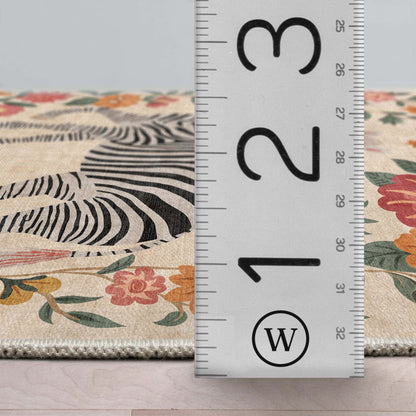 A profile detail image of the Zebra's Haven Ivory Multi Rug Perfect for Living Room, Dining Room, Bedroom and Kitchen with a ruler showing the rug's thickness