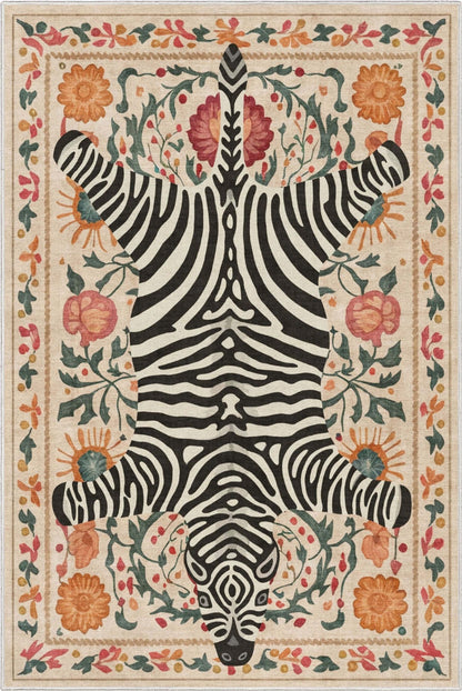 A siloed overhead of the Zebra's Haven Ivory Multi Rug Perfect for Living Room, Dining Room, Bedroom and Kitchen