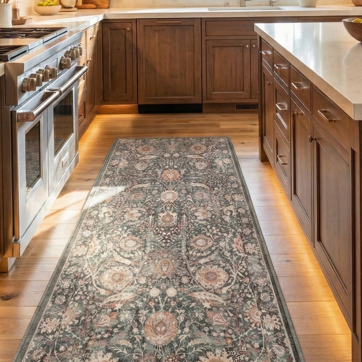 A warm, modern kitchen featuring rich wood cabinetry, stainless steel appliances, and a Liana Vintage Oriental Charcoal Grey Flat-Weave Rug by Well Woven.