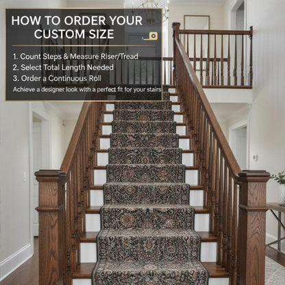 A classic wooden staircase featuring Liana Vintage Oriental Charcoal Grey Flat-Weave Rug by Well Woven.