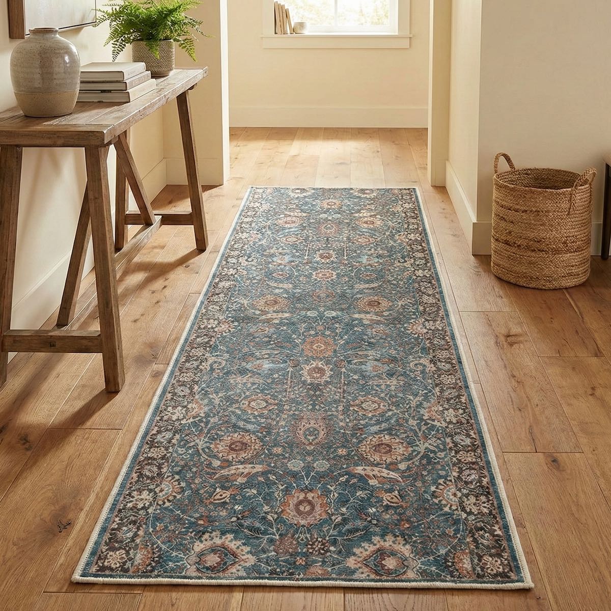 The Liana Vintage Persian Oriental Teal Custom Runner Rug by Well Woven rests along a light wood hallway floor, bringing subtle warmth and visual interest to a calm, minimalist space accented with natural wood furniture and soft decor.