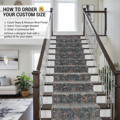 The Liana Vintage Persian Oriental Teal Custom Runner Rug by Well Woven flows up a bright, modern staircase, adding elegance, texture, and warmth against dark wood steps and crisp white railings.