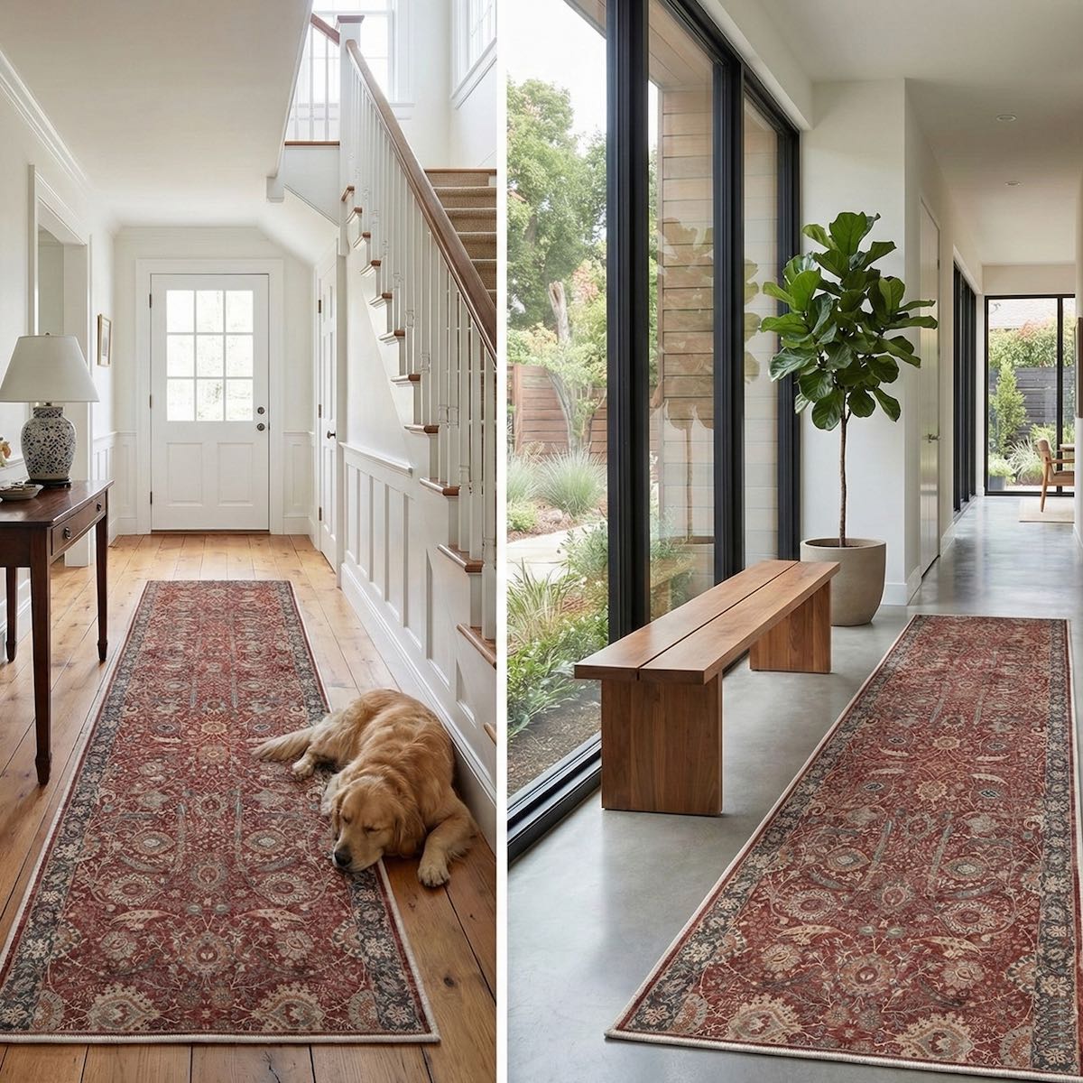 Liana Vintage Persian Oriental Red Custom Runner Rug by Well Woven placed in a bright hallway, adding warmth and character to the space while defining the walkway.