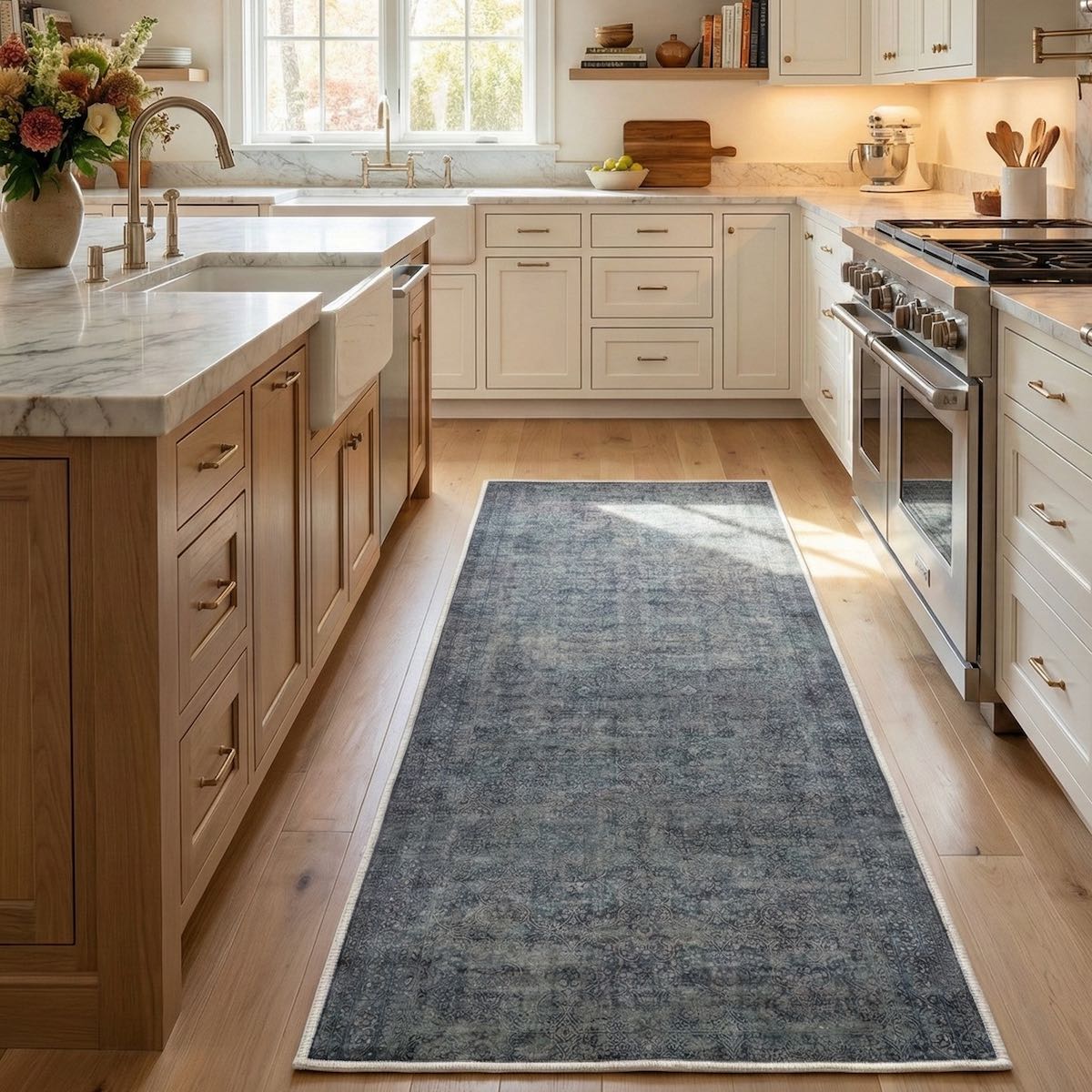 The Juliette Vintage Persian Blue Custom Runner Rug by Well Woven brings vintage elegance and comfort to a modern kitchen.