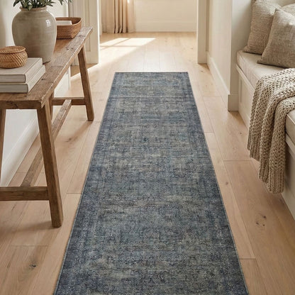 Juliette Vintage Persian Oriental Blue Custom Runner Rug by Well Woven anchors the hallway with subtle texture and color, bringing warmth and visual flow to a bright, airy space.