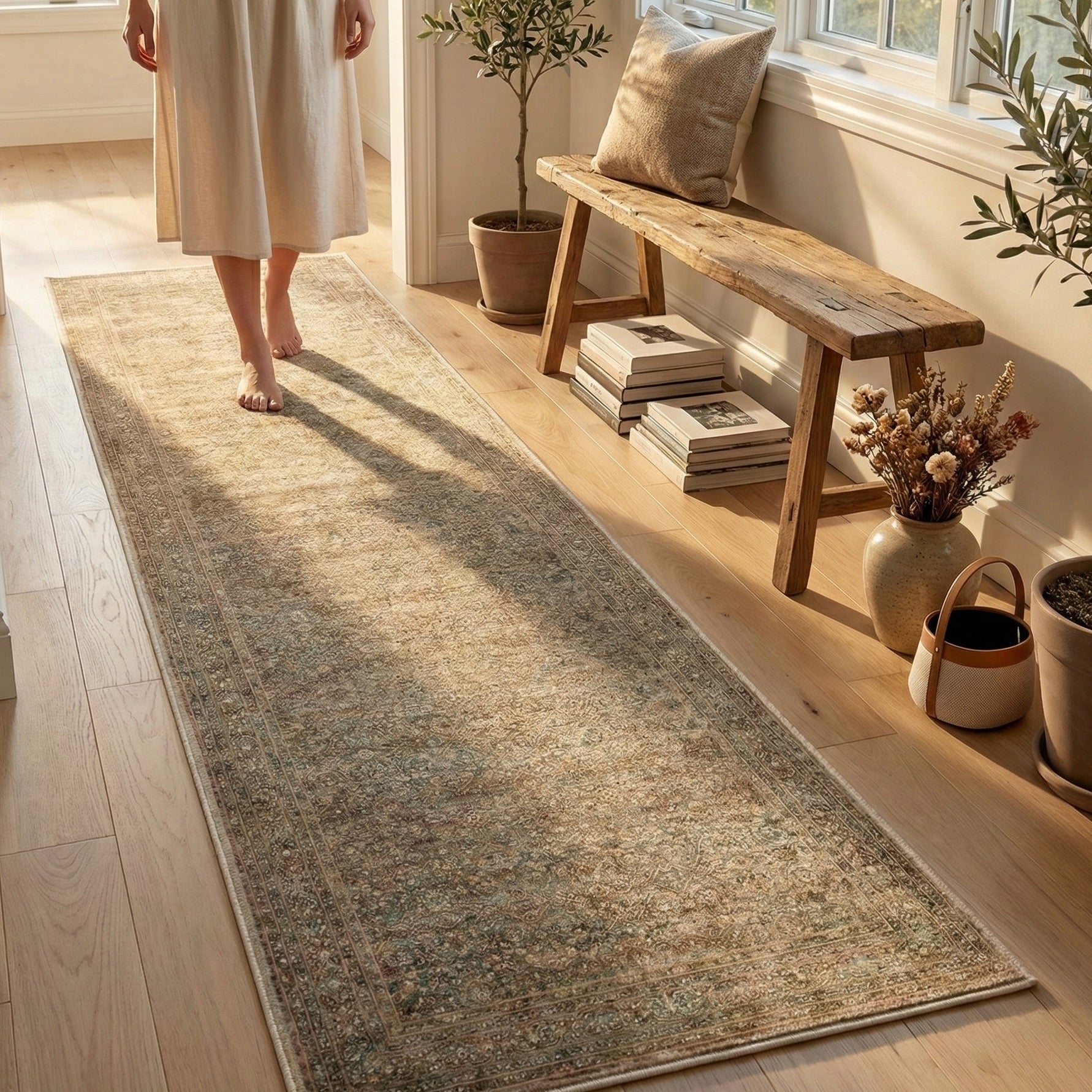 Designed for everyday comfort, the Juliette Vintage Persian Oriental Beige Custom Runner Rug offers a plush, inviting feel with a beautifully aged look.