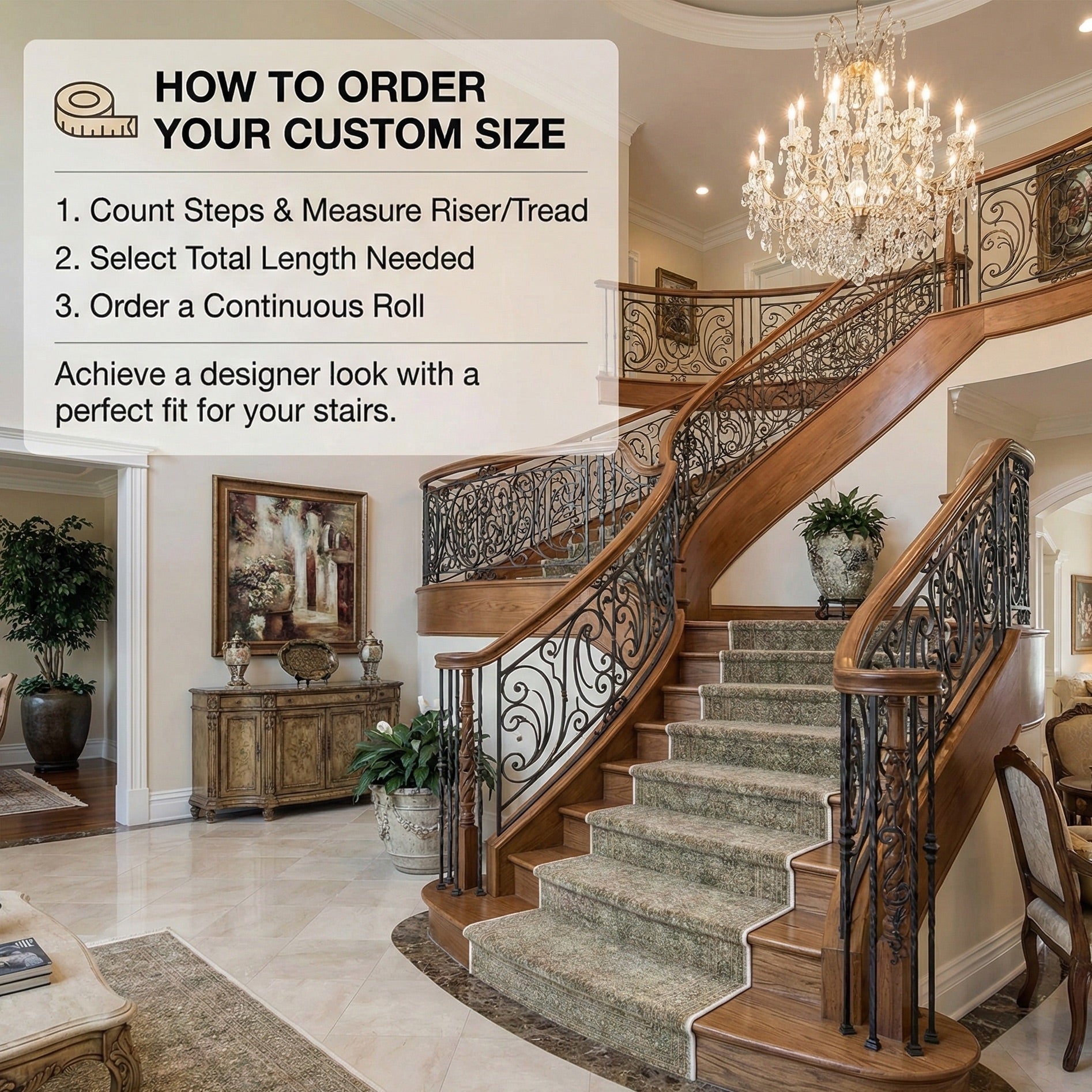 Achieve a designer finish with the Juliette Vintage Persian Oriental Beige Custom Runner Rug, custom-sized to create a seamless, sophisticated staircase.