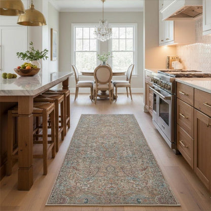 A light-filled kitchen accented by the Emilia Vintage Persian Oriental Blue Custom Runner Rug by Well Woven for warmth and style.
